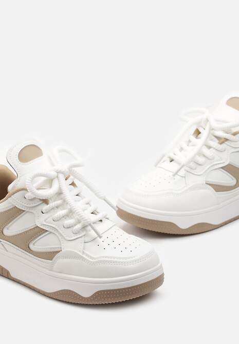 Biało-Beżowe Sneakersy przed Kostkę na Platformie z Wstawkami Losia