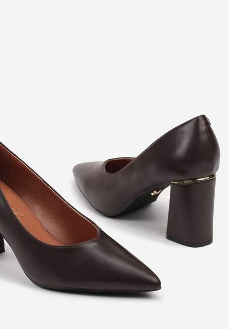 Ciemnobrązowe Czółenka Vices na Geometrycznym Słupku ze Skórzaną Wkładką Modvire