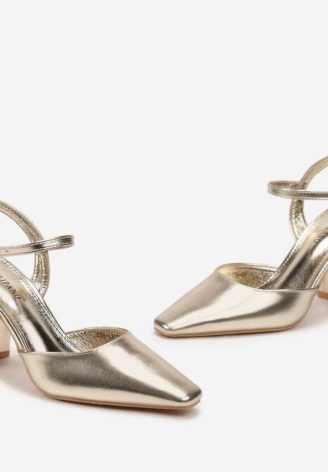 Złote Eleganckie Czółenka na Słupku z Zakrytym Noskiem Devana