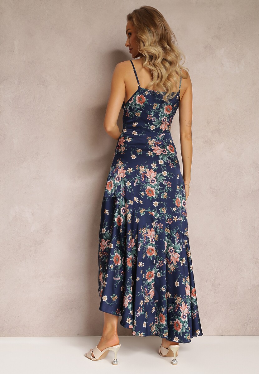 Granatowa Asymetryczna Sukienka Maxi na Cienkich Ramiączkach z Falbanką Leatra