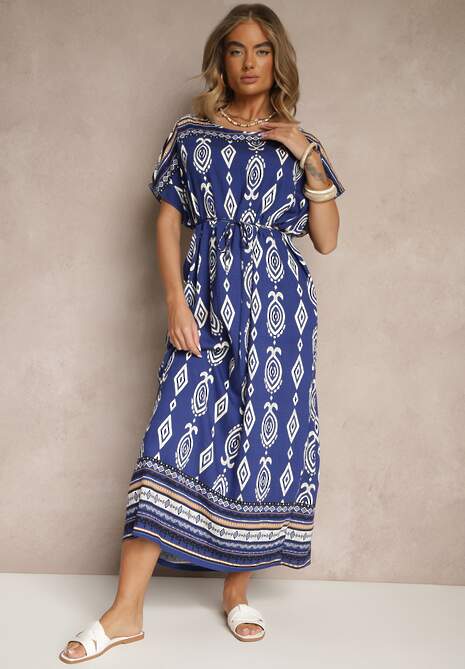 Niebieska Wiskozowa Sukienka o Pudełkowym Kroju w Etniczny Print Miriliana