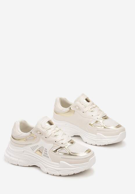 Beżowe Sneakersy na Tłoczonej Podeszwie z Ozdobnymi Wstawkami Lanevi