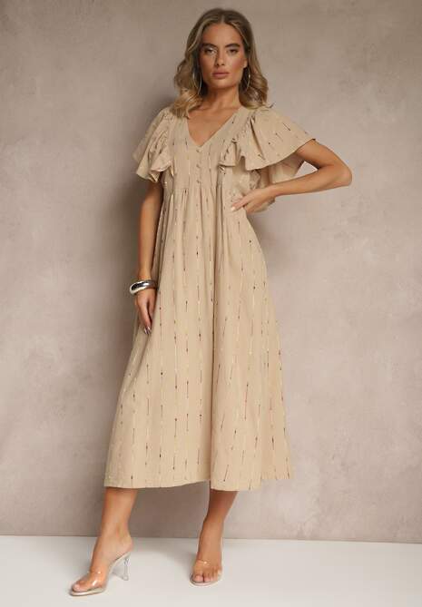 Beżowa Rozkloszowana Sukienka z Bawełny Zdobiona Falbanami Silonia