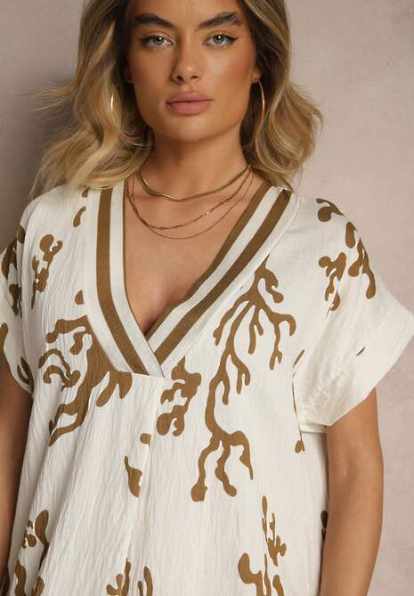 Brązowo-Beżowa Pudełkowa Sukienka z Wiskozą i Lnem Sadeone