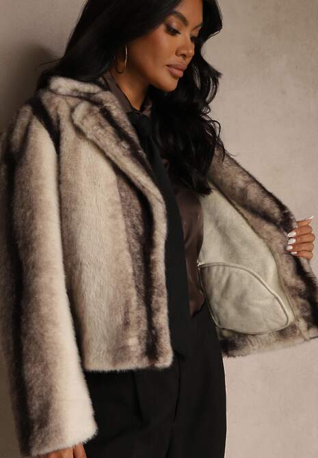 Beżowa Krótka Kurtka Futerko o Jednorzędowym Kroju Lanella