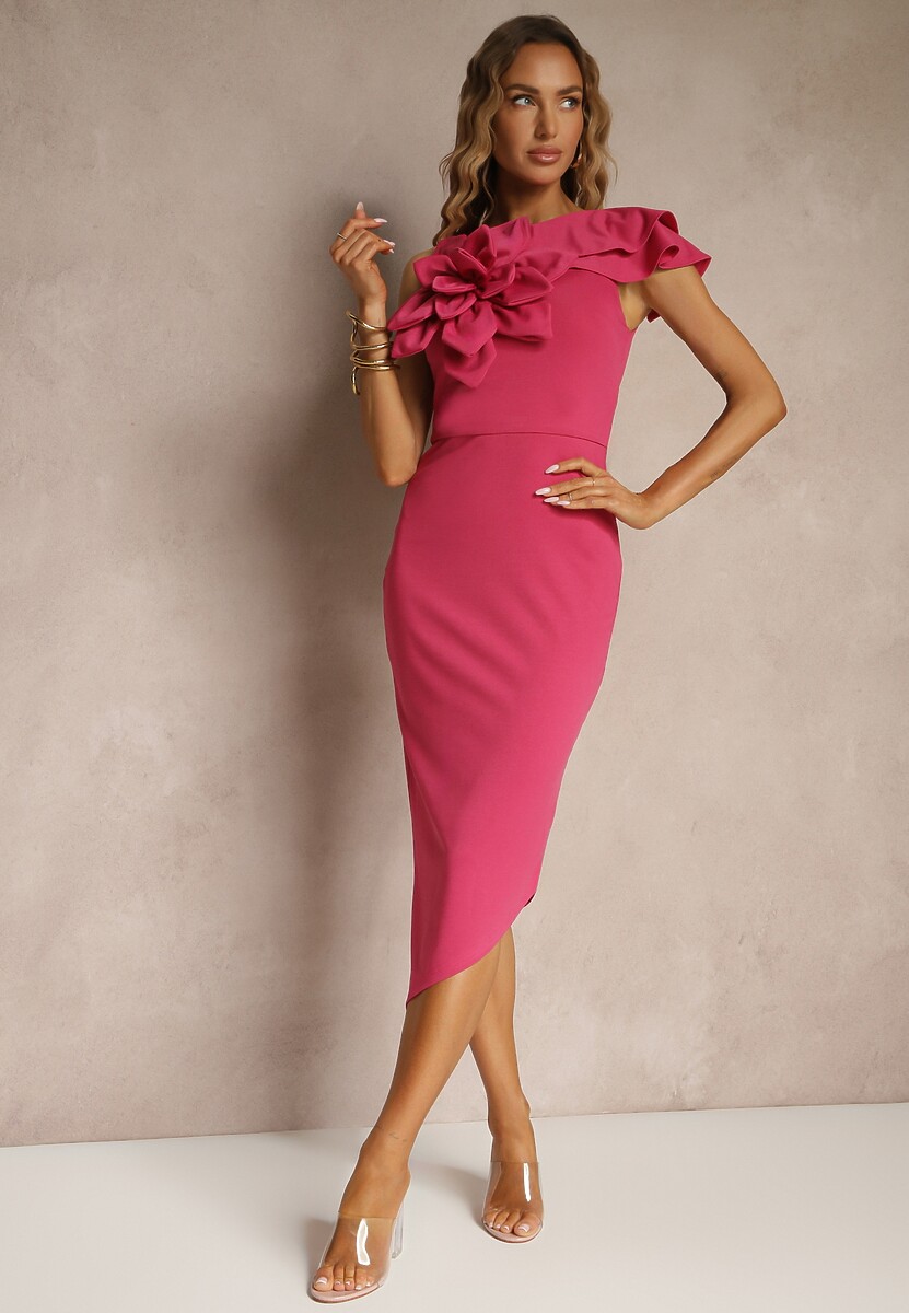 Czerwona Koktajlowa Asymetryczna Sukienka Vices z Kwiatem 3D i Falbankami Tolelira