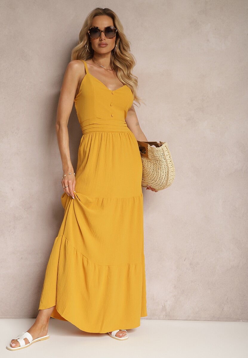 Źółta Sukienka na Ramiączkach z Regulacją z Gumką w Talii i Falbanką Faviara