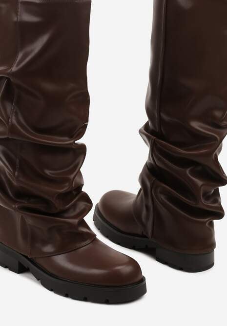 Brązowe Marszczone Kozaki z Cholewką Imitującą Nogawkę Nalomassa