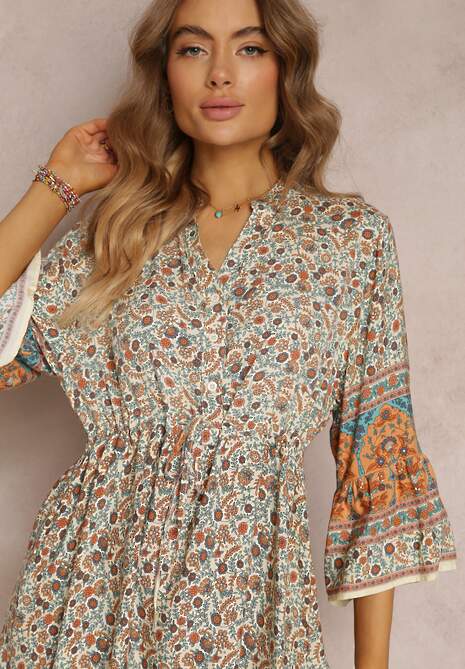 Beżowa Wiskozowa Sukienka w Kwiaty z Rękawem 3/4 i Falbanką Sulamita