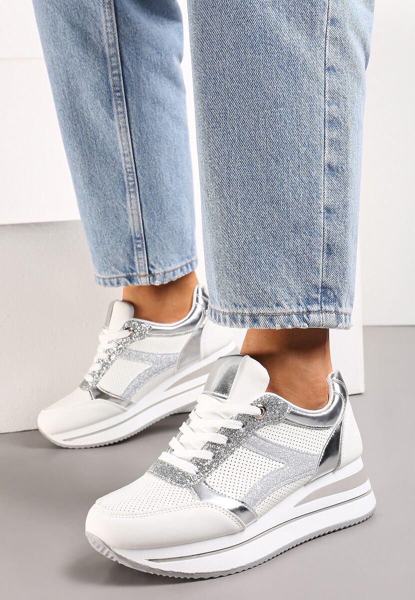 Biało-Srebrne Sneakersy na Grubej Podeszwie w Paski Zdobione Brokatem Selarissa