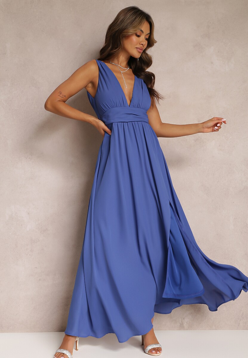 Różowa Rozkloszowana Sukienka Maxi na Ramiączkach z Rozcięciem Ernames