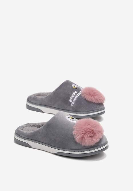 Szare Kapcie na Płaskiej Podeszwie z Pomponem i Haftem Xamela