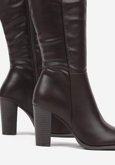 Ciemnobrązowe Eleganckie Kozaki VICES na Słupkowym Obcasie z Cholewką do Kolana Unenela