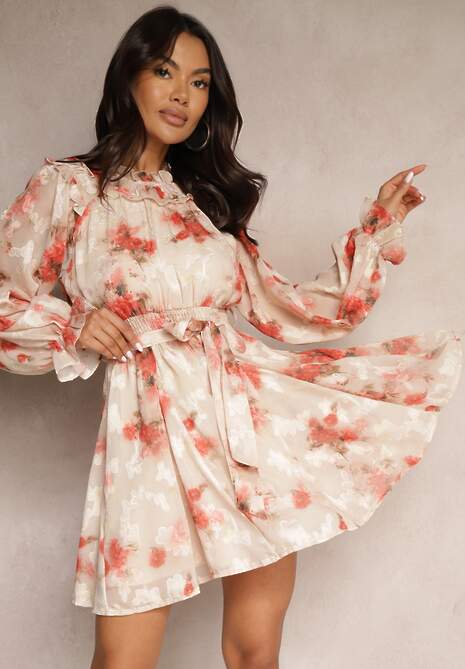 Beżowa Rozkloszowana Kwiatowa Sukienka Ozdobiona Paskiem Valresia