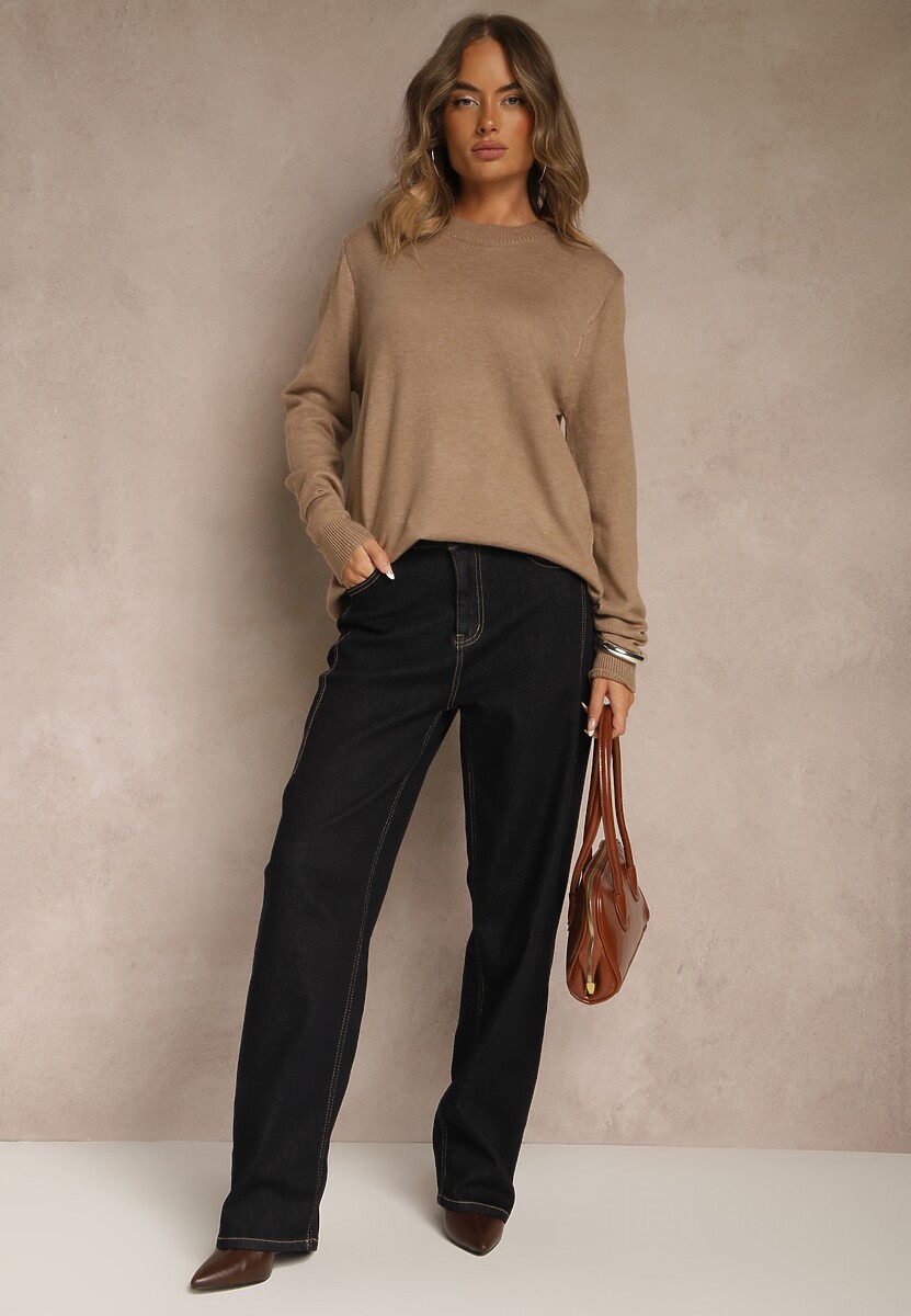 Ciemnobeżowy Klasyczny Sweter z Wełną i Bawełną Bez Zdobień Neandia