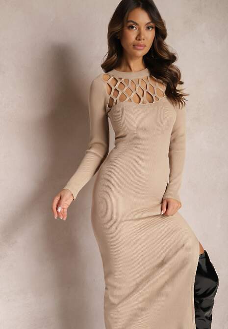 Beżowa Dopasowana Sukienka Maxi z Ażurowym Dekoltem i Rozcięciem na Nogę Fonelia