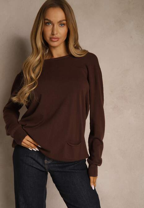 Brązowy Sweter z Kaszmirem Ozdobiony Kieszeniami Saniswena