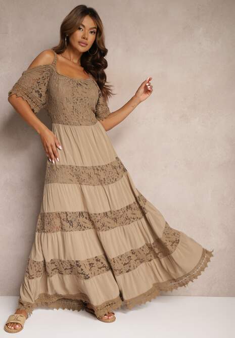 Brązowa Koronkowa Sukienka z Wiskozą o Rozkloszowanym Kroju na Ramiączkach Leris