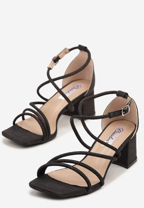 Czarne Brokatowe Sandały na Słupkowym Obcasie Dollinea