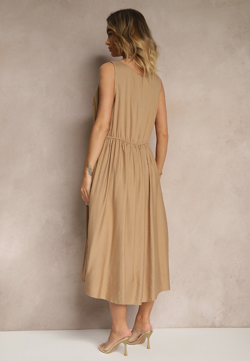 Ciemnobeżowa Rozkloszowana Sukienka z Wiskozy Ozdobiona Guzikami Nataviela