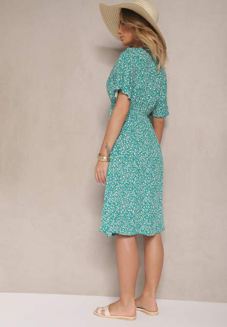 Zielona Rozkloszowana Sukienka Bawełniana w Kwiatowy Print Ezrive