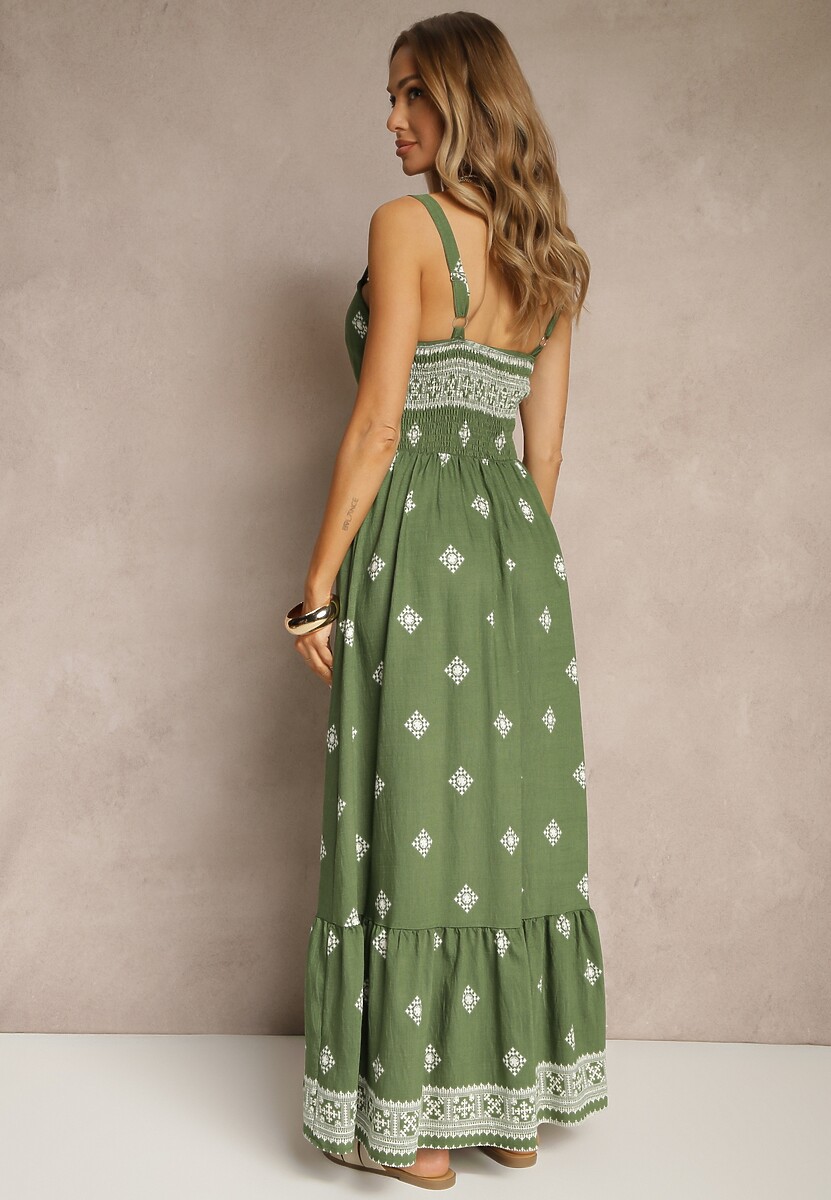 Zielona Sukienka z Wiskozą o Rozkloszowanym Kroju na Ramiączkach w Boho Print Leaella