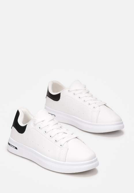 Biało-Czarne Wiązane Sneakersy na Płaskiej Podeszwie z Modną Wstawką Zanelih