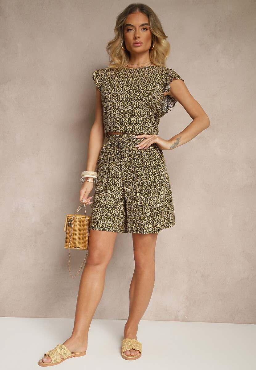 Czarno-Żółty Komplet z Bawełny Zdobiony Etnicznym Printem T-shirt i Szorty Sarilena