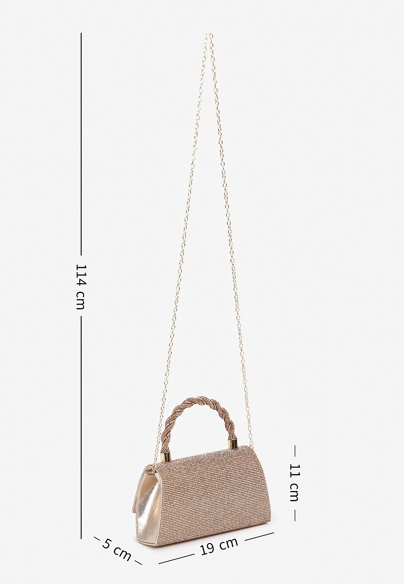 Złota Torebka Kopertówka z Łańcuszkiem i Rączką Zapinana na Zatrzask Ozdobiona Cyrkoniami Uvatia