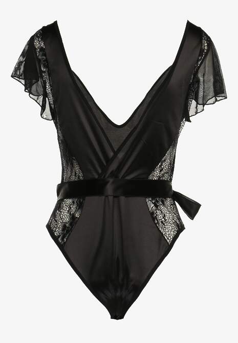 Czarne Satynowe Body z Koronką i Paskiem w Talii Lierie