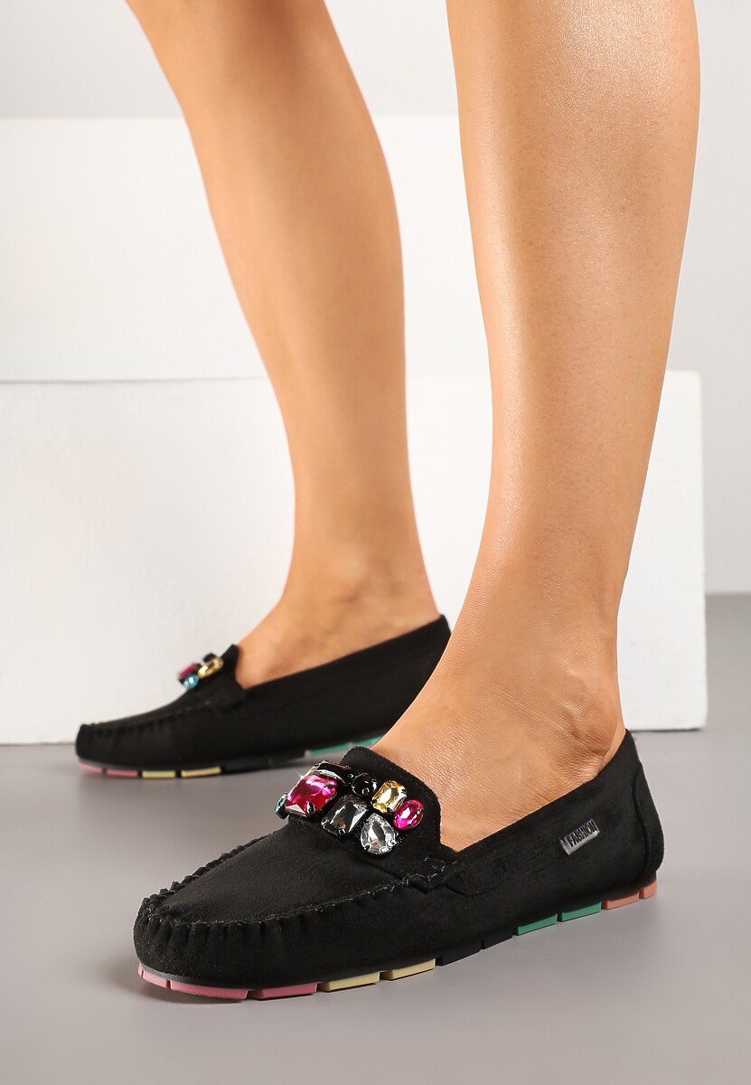 Czarne Mokasyny z Wkładką ze Skóry Naturalnej i Cyrkoniami Zimora