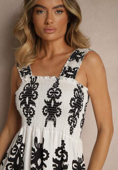 Biała Rozkloszowana Sukienka z Wiskozy z Ornamentnym Motywem Aloxe