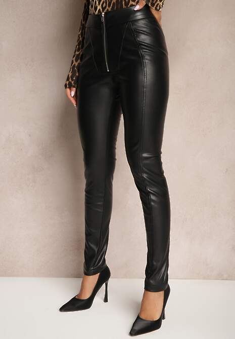 Czarne Spodnie High Waist z Ekoskóry z Ozdobnym Suwakiem i Ociepleniem Ilanilith