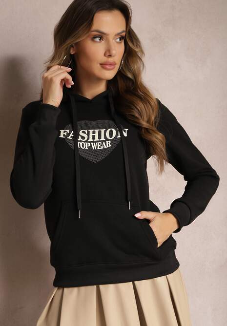 Czarna Bluza Kangurka Ocieplona Polarem z Ozdobnym Nadrukiem Elili