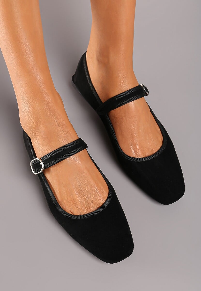 Czarne Balerinki o Kwadratowym Nosku w Stylu Mary Jane z Paseczkiem Naiva