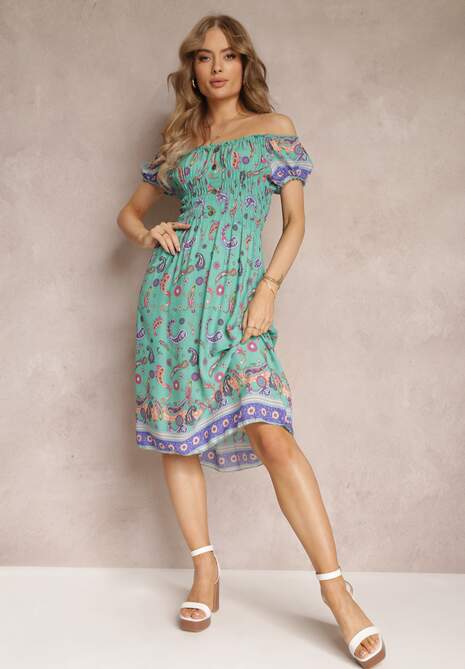 Miętowa Bawełniana Sukienka Hiszpanka z Gumką w Pasie i Wzorem Paisley Maggies