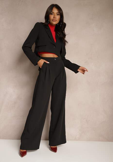 Czarny Garniturowy Komplet Marynarka Cropped i Szerokie Spodnie Mairilee