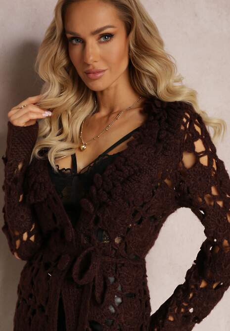 Ciemnobrązowy Ażurowy Kardigan z Wiązanym Paskiem Petrame