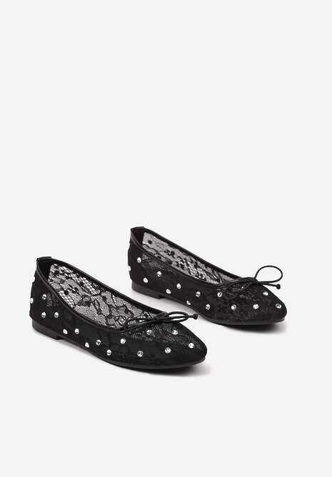 Czarne Siateczkowe Balerinki na Płaskiej Podeszwie z Cyrkoniami i Koronką Froresi