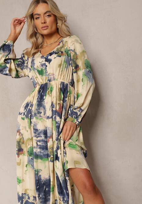 Beżowo-Granatowa Rozkloszowana Sukienka Maxi w Abstrakcyjny Wzór z Guzikami Tiritta