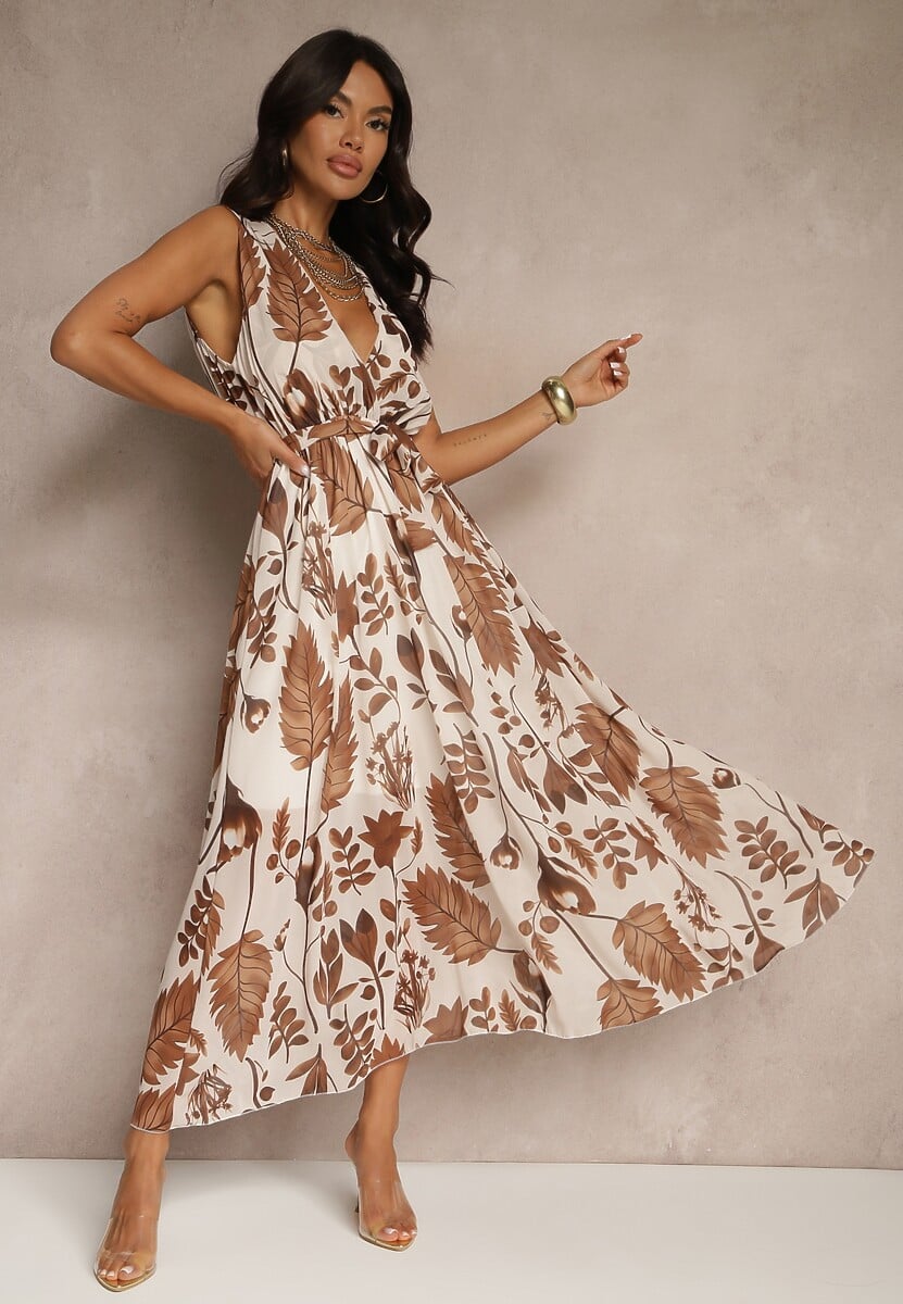 Brązowa Sukienka z Wiskozą z Kopertowym Dekoltem i Wiązanym Paskiem Natisolve