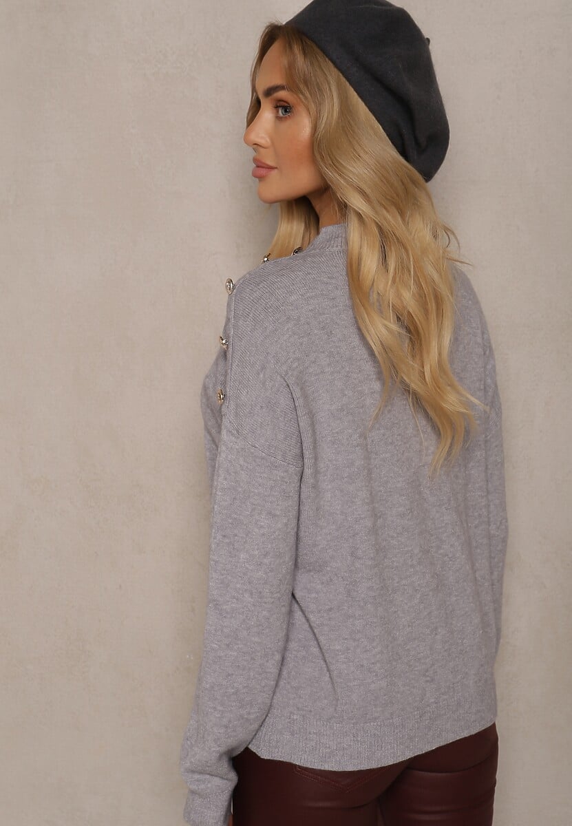 Szary Sweter z Półgolfem Wiskozą i Modalem Ozdobiona Guzikami Emmitana