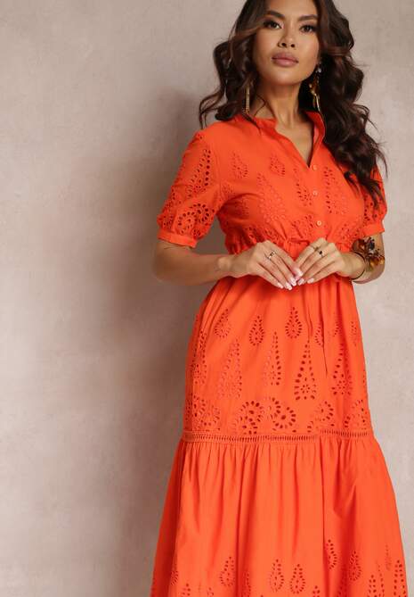 Pomarańczowa Haftowana Sukienka Bawełniana ze Ściągaczem w Talii Ineryna