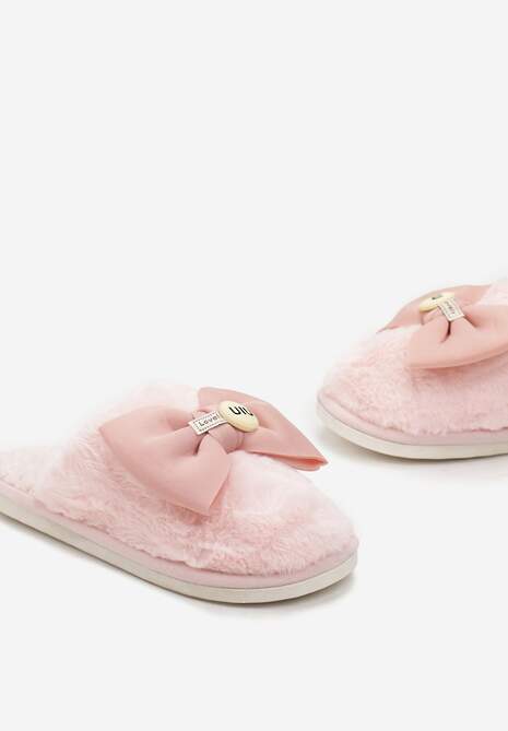 Różowe Kapcie z Miękkiego Futerka Ozdobione Kokardą Adeltta