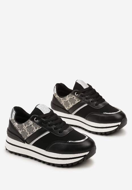 Czarne Sneakersy z Materiałowymi Wstawkami na Grubej Podeszwie Ozdobione Brokatem Zirnna