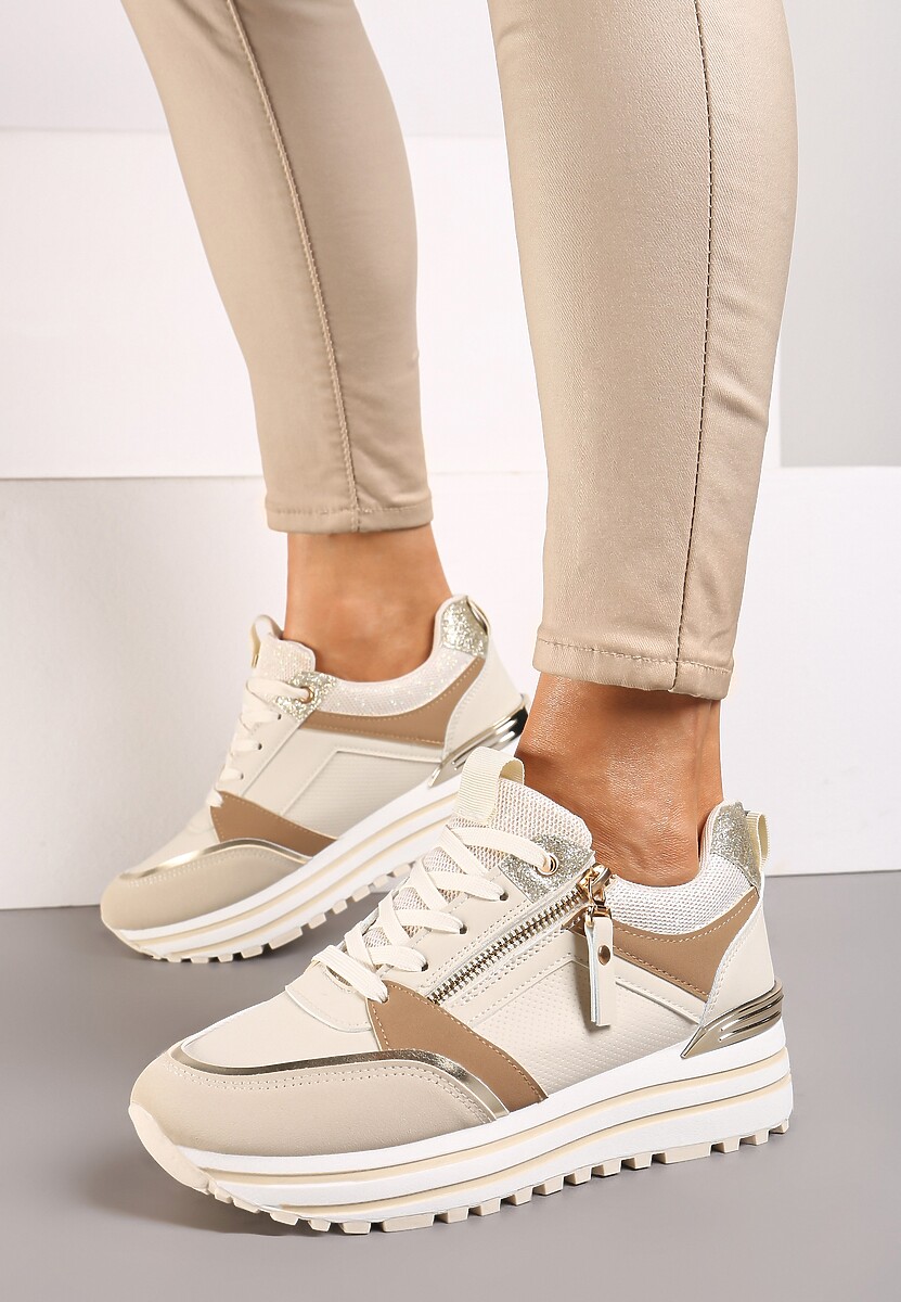 Beżowe Sneakersy na Platformie z Brokatowymi Detalami i Ozdobnym Suwakiem Mailera