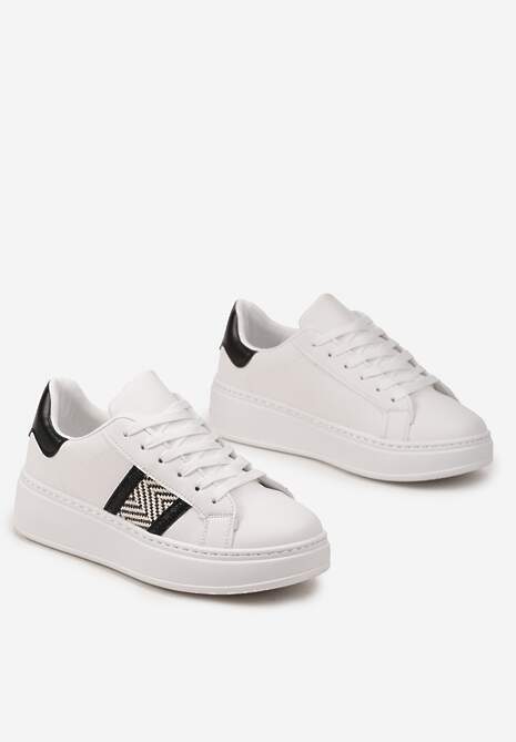 Biało-Czarne Sneakersy z Metaliczną Wstawką na Grubej Podeszwie z Ozdobną Taśmą z Brokatem Qinessa
