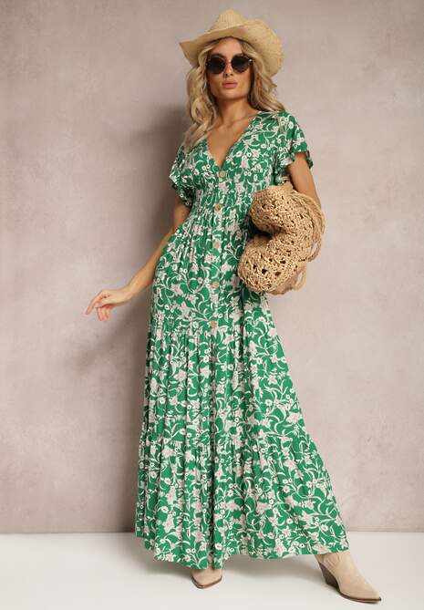 Zielona Sukienka z Gumką w Pasie w Kwiatowy Wzór z Ozdobnymi Guzikami Ellsa