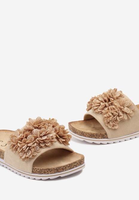 Beżowe Klapki z Ekozamszu z Kwiatowym Zdobieniem Masenella