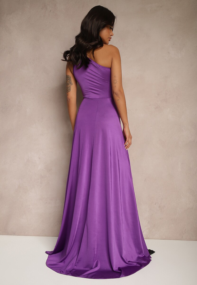 Fioletowa Marszczona Sukienka o Asymetrycznym Kroju z Rozcięciem Taliona